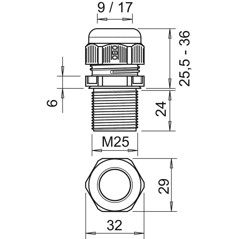 OBO Bettermann - Kabelverschraubung V-TEC VM LL25 SW 24mm, M25, PA − 25 Stück