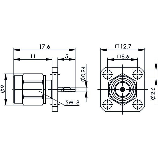 Telegärtner - Koax-Steckverbinder SMA-Einbaustecker 100024628 mit Flansch − 5 Stück