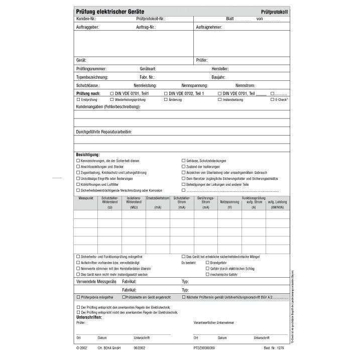 Beha-Amprobe - Dokumentation Prüfprotokollblock FTC00001279D für 0701/0702