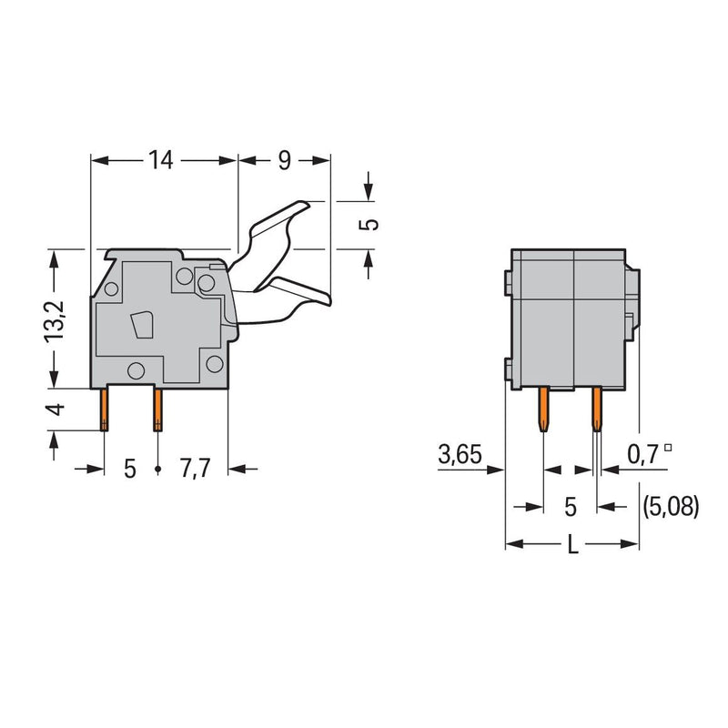 WAGO - Leiterplattenklemme 255-403/333-000 Drücker,2,5 mm²,grau − 70 Stück