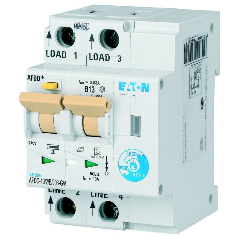 Eaton - Kombination FI-Schalter/Leitungsschutzschalter mit Zusatzeinrichtung Brandschutzschalter AFDD-13/2/B/003-G/A 2p,B,13A,30mA,TypG/A