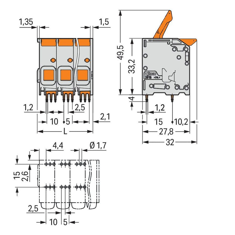 WAGO - Leiterplattenklemme 2616-1105 16 qmm²,grau − 18 Stück