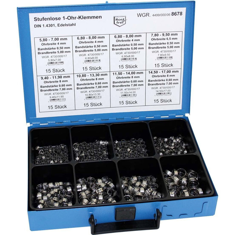 Dresselhaus - Sortimentskasten Befestigungmaterial 1-Ohr-Klemme 4499/000/06 8678 stufenl., Edelstahl