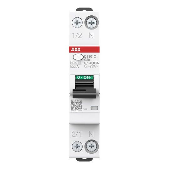 ABB Stotz S&J - Kombination FI-Schalter/Leitungsschutzschalter FI/LS-Schalter DS301C C20 A30 6kA,1P+N