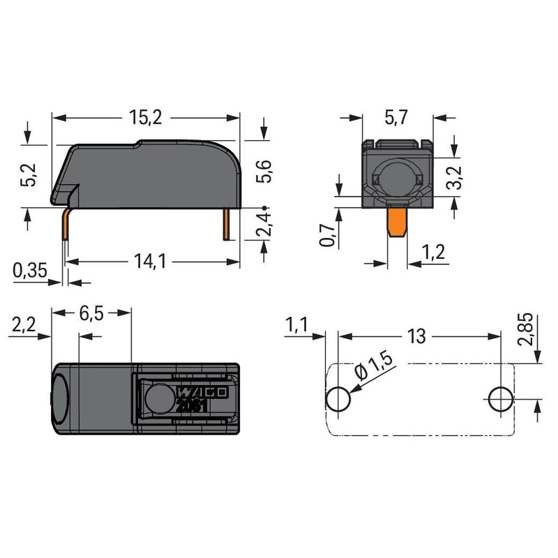 WAGO GmbH & Co. KG - Ein- und mehrpolige Klemmenleiste THR-Leiterplattenklemme 2061-1621/998-404 Drücker,1,5mm²,sw − 5760 Stück