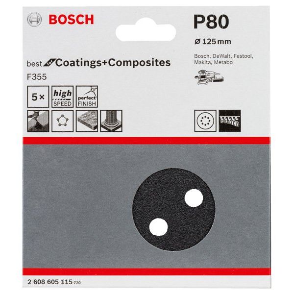 Bosch - Schleifpapier/Schleifvlies PRO F355 Schleifblatt, 125 2608605115 mm, 80, 5-tlg