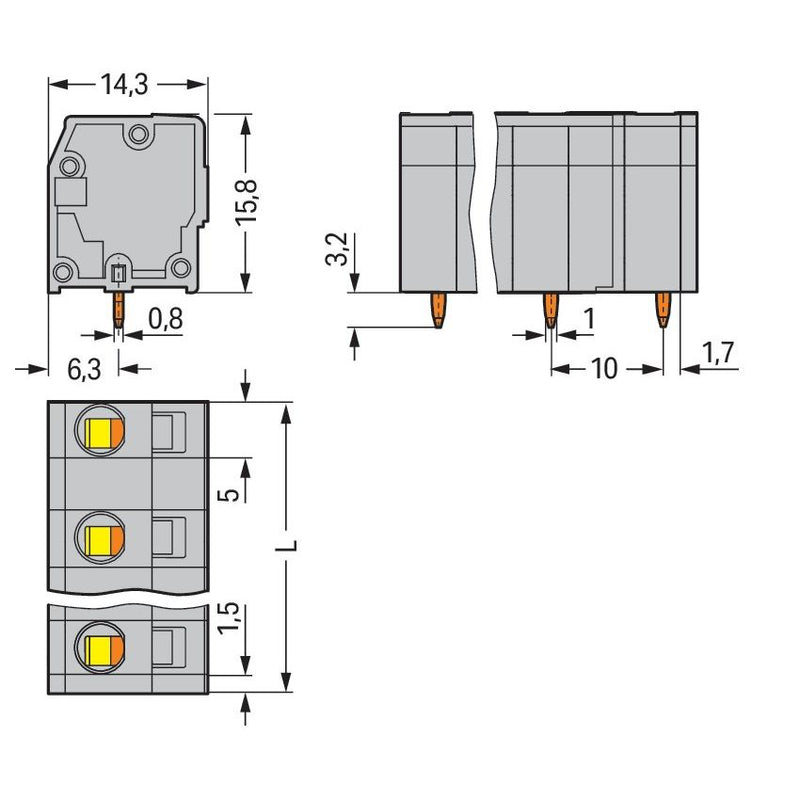 WAGO - Leiterplattenklemme 739-3207 2,5mm² − 15 Stück