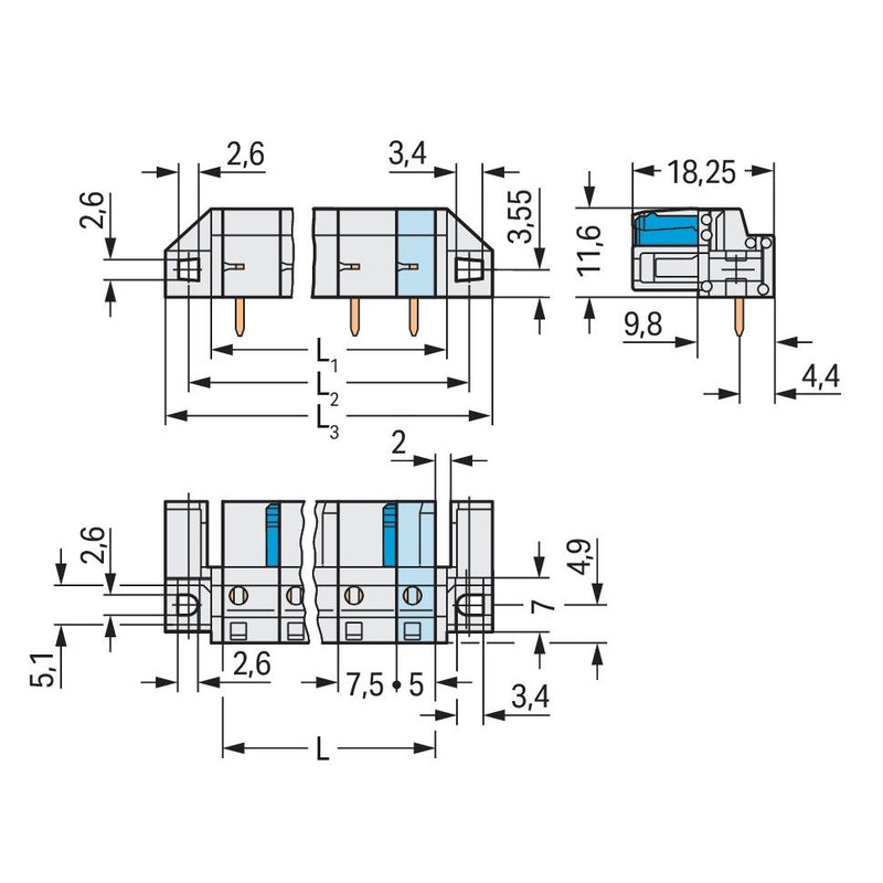 WAGO - Leiterplattensteckverbinder THT-Federleiste abgewink. 722-841/047-000 7,5mm,lichtgrau − 10 Stück