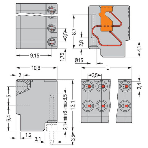 WAGO - Leiterplattenklemme 2-Leiter-Federleiste 252-153 PUSH WIRE,grau − 100 Stück