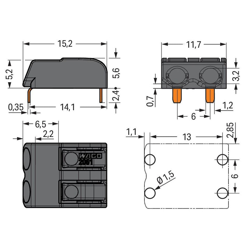 WAGO - Ein- und mehrpolige Klemmenleiste THR-Leiterplattenklemme 2061-1622/998-404 Drücker,1,5mm²,sw − 4320 Stück