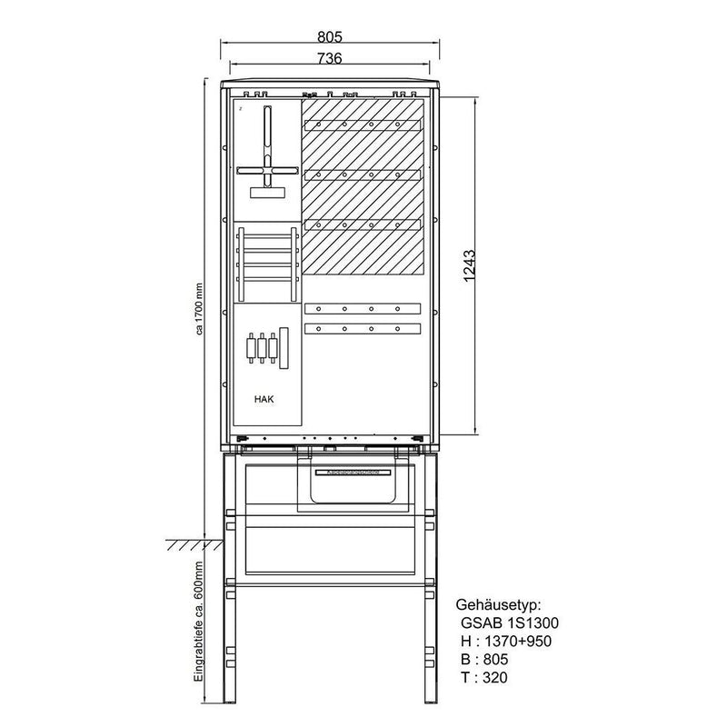 GSAB Elektrotechnik - Zähler-Komplettschrank Festplatzverteiler 00.00.1P11FP-Sy-320 m. Sammelsch.,5-p