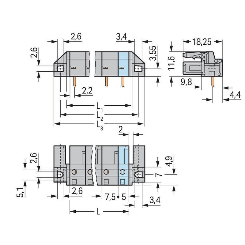 WAGO - Leiterplattensteckverbinder THT-Federleiste abgewink. 232-835/047-000 Maß 7,5mm,grau − 50 Stück