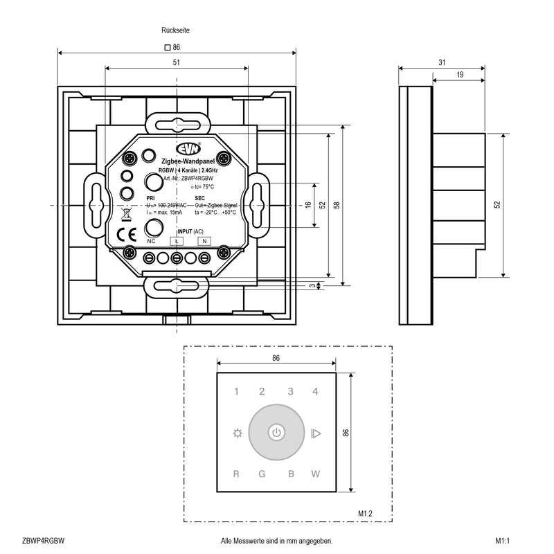 EVN Lichttechnik - Funksender RGBW-Wandpanel ZBWP4RGBW Zigbee