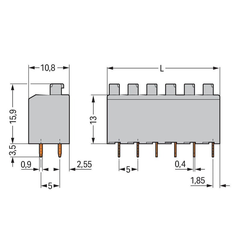 WAGO - Leiterplattenklemme 735-303 Drücker,1,5mm²,grau − 80 Stück