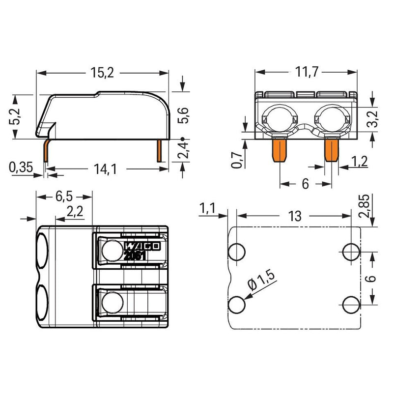 WAGO - Ein- und mehrpolige Klemmenleiste THR-Leiterplattenklemme 2061-1602/998-404 Drücker,1,5 mm²,weiß − 4320 Stück