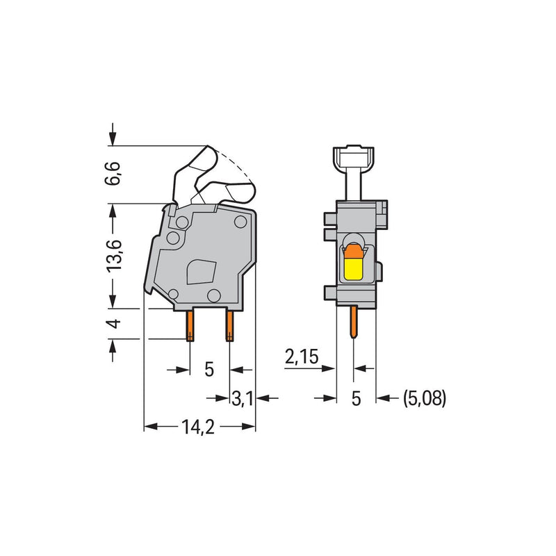 WAGO - Leiterplattenklemme Anreihbare Leiterplattenk. 257-843 Drücker,2,5mm²,lgr − 100 Stück