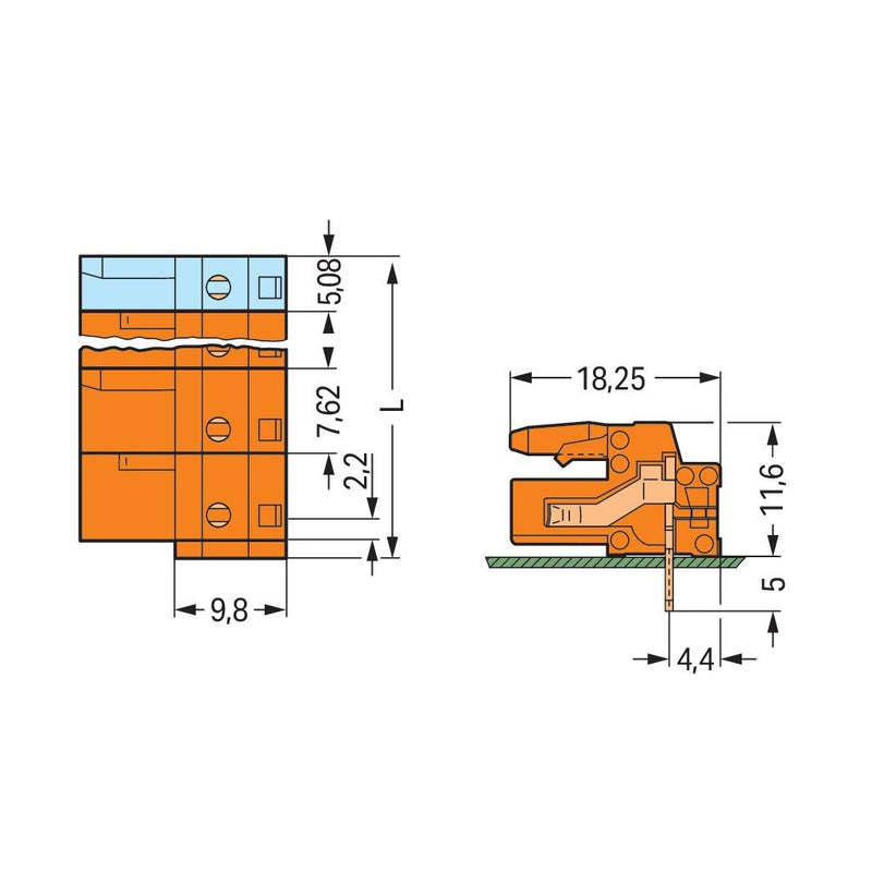 WAGO - Leiterplattensteckverbinder THT-Federleiste abgewink. 232-865 Maß 7,62mm,orange − 50 Stück