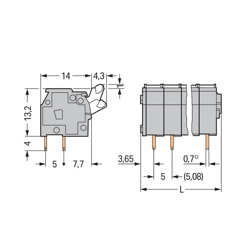 WAGO - Leiterplattenklemme 255-402 Drücker,2,5 mm²,grau − 100 Stück