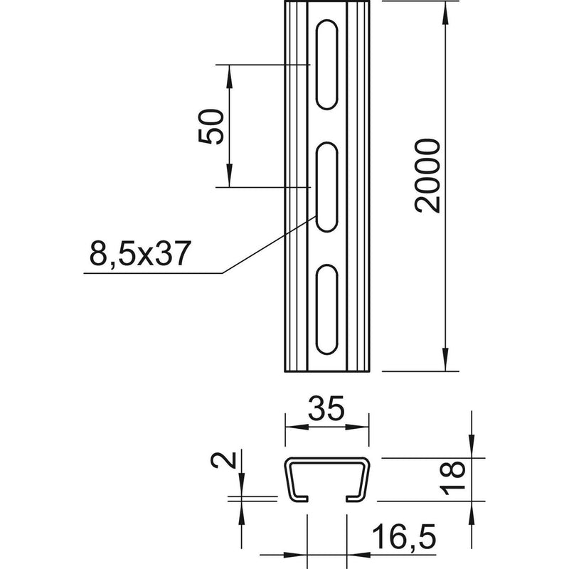 OBO Bettermann - Stiel/Profilschiene Profilschiene AMS3518P2000FT Langl.37x8,5mm − 2 Meter