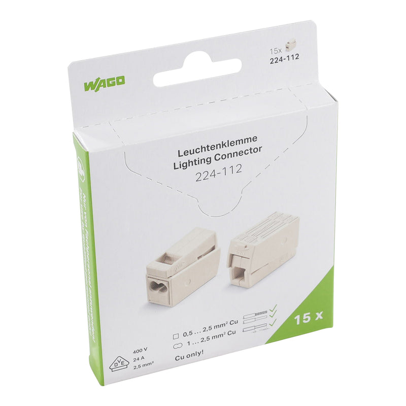 WAGO - Steckklemme Leuchtenklemme 2-Leiter 224-112/995-015 Drücker weiß − 15 Stück