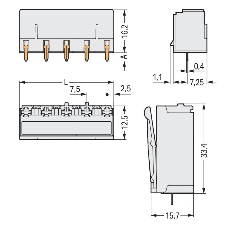 WAGO - Leiterplattensteckverbinder THT-Federleiste gerade 2092-3303 7,5mm,lichtgrau − 100 Stück