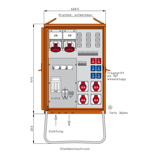 Walther Werke - Baustromverteiler Verteilerschrank DEM100-V1 69kVA, 3 RCD TypA − 1 Stück by Walther Werke
