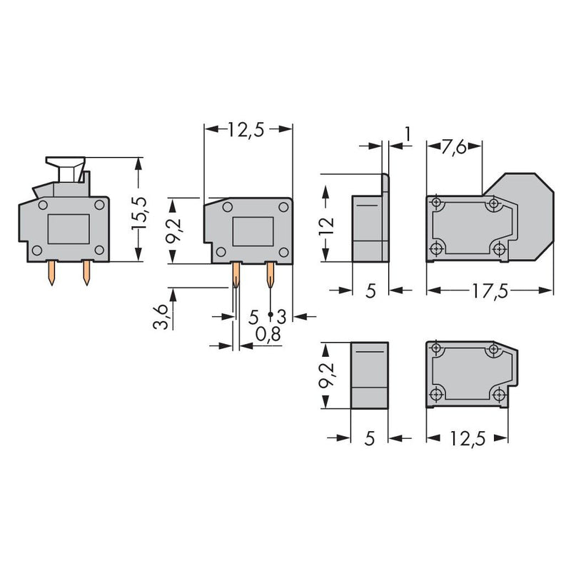 WAGO - Leiterplattenklemme Anreihbare Leiterplattenk. 235-401/332-000 Drücker,1,5mm²,gr − 100 Stück