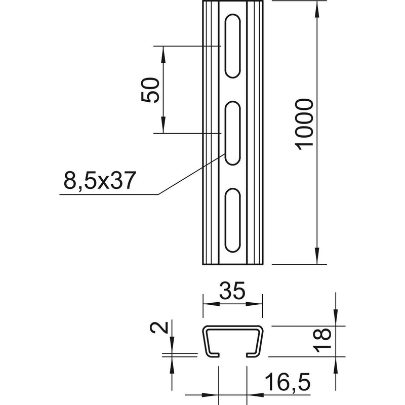 OBO Bettermann - Stiel/Profilschiene Profilschiene AMS3518P1000FT gelocht, SW 16,5mm