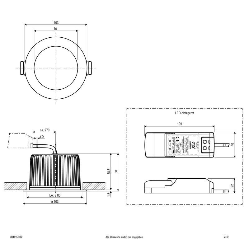 EVN Lichttechnik - Downlight/Strahler/Flutlicht P-LED Deckeneinbauleuchte LC44151302 3000K ch/satIP44 dim