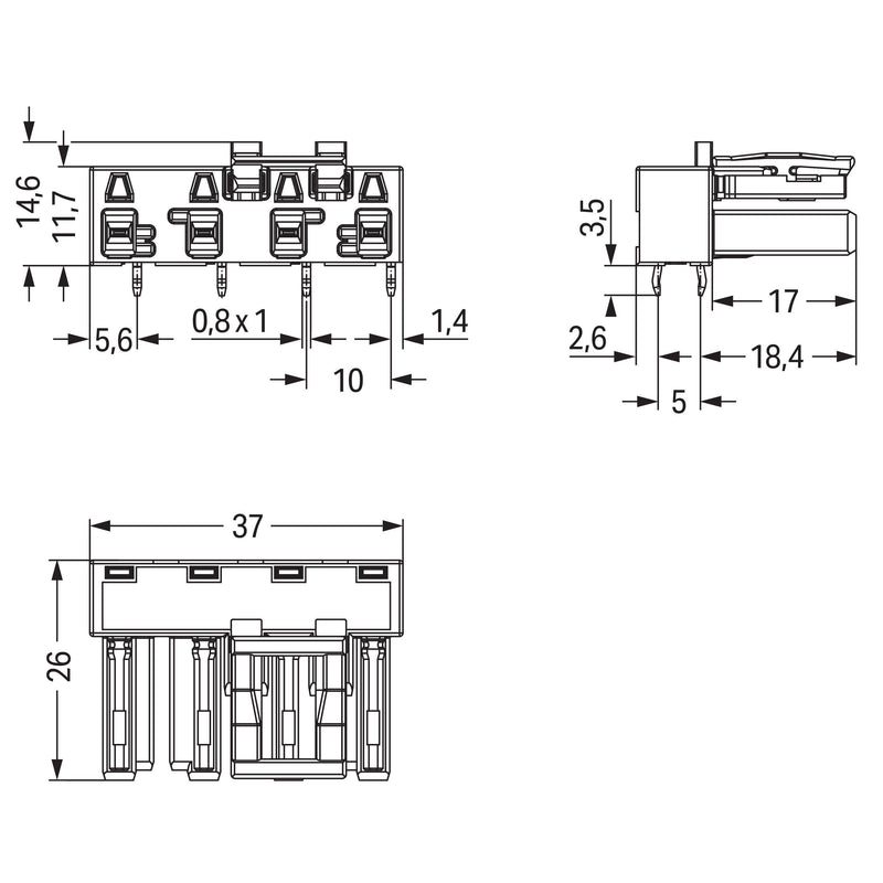 WAGO - Leiterplattensteckverbinder Buchse für Leiterplatten 770-844/011-000/060- abgew.,4-polig,gr − 50 Stück