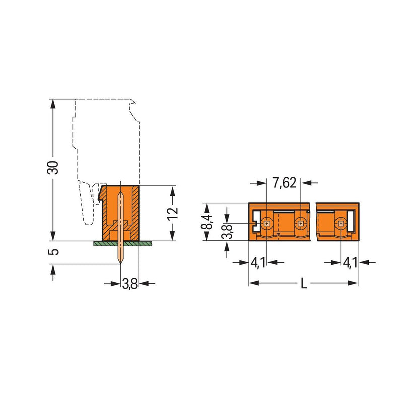 WAGO - Leiterplattensteckverbinder Stiftleiste 231-766/001-000 1,2x1,2, 7,62mm − 100 Stück
