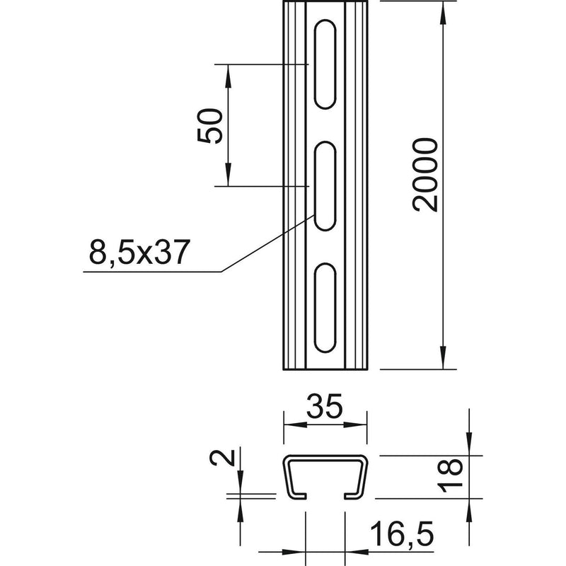 OBO Bettermann - Stiel/Profilschiene Profilschiene AMS3518P2000FS Langl.35x18 mm − 2 Meter