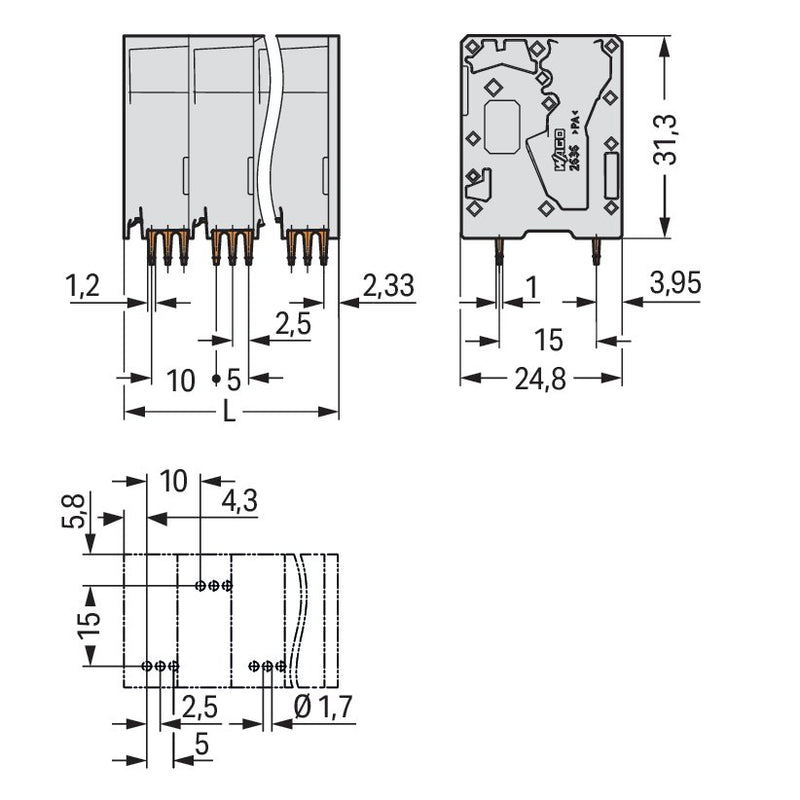 WAGO - Leiterplattenklemme Leiterplattenklemme,16 mm² 2636-3103/010-000 Maß10mm,gr − 50 Stück