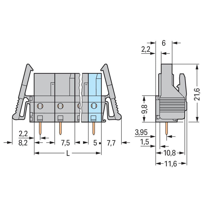 WAGO - Leiterplattensteckverbinder THT-Federleiste gerade 232-746/039-000 Maß 7,5mm,grau − 10 Stück