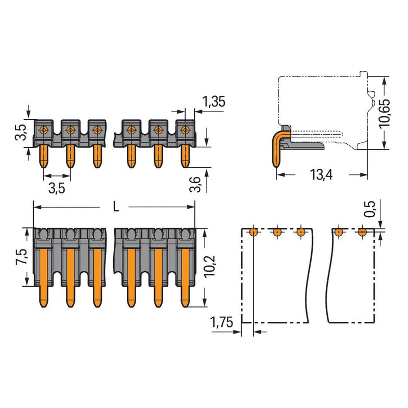 WAGO - Leiterplattensteckverbinder THT-Stiftleiste Lötstift 2091-1725 1,0mm,abgewinkelt,sw − 400 Stück