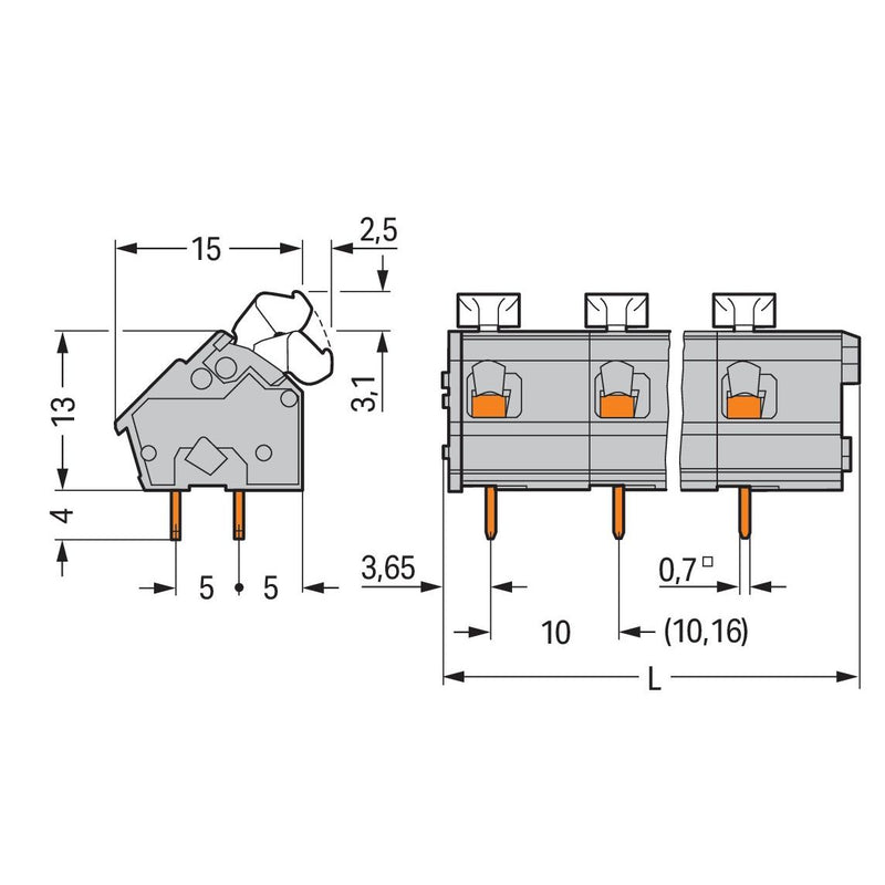 WAGO - Leiterplattenklemme 256-603/334-000 Drücker,2,5 mm²,grau − 35 Stück