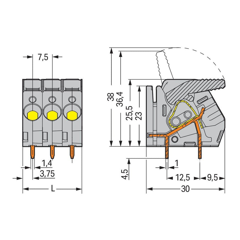 WAGO - Leiterplattenklemme Hebel 2706-154 6mm²,grau − 40 Stück