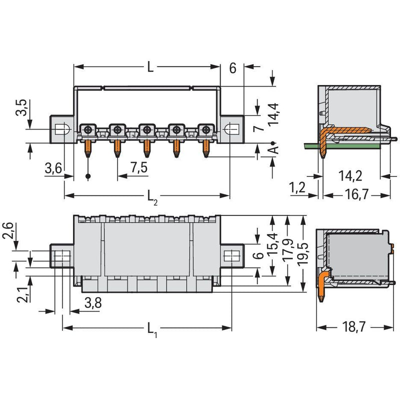 WAGO - Leiterplattensteckverbinder THT-Stiftleiste Lötstift 2092-3423/005-000 1,4mm,abgew.,llgr − 100 Stück