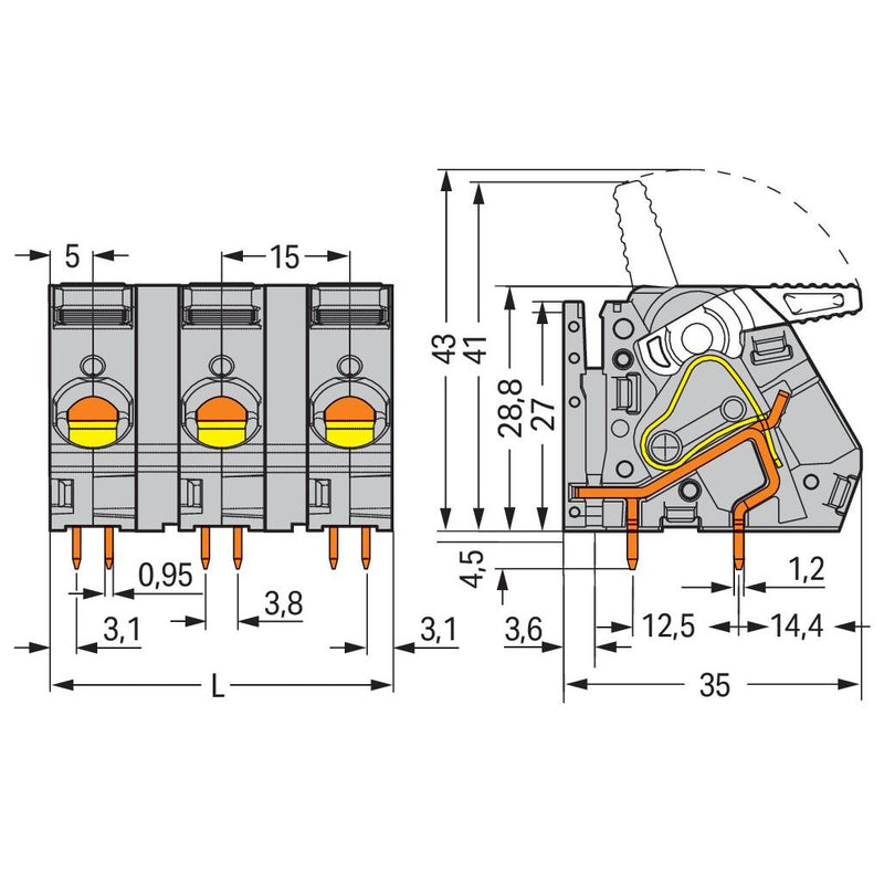 WAGO - Leiterplattenklemme Hebel 2716-252 16mm²,grau − 40 Stück