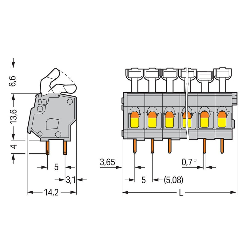 WAGO - Leiterplattenklemme 257-458 Drücker,2,5 mm²,grau − 25 Stück