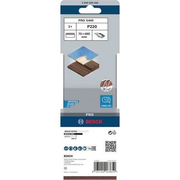 Bosch - Schleifpapier/Schleifvlies PRO X440 Schleifband, 75 x 2608606049 480 mm, G220, 3-tlg