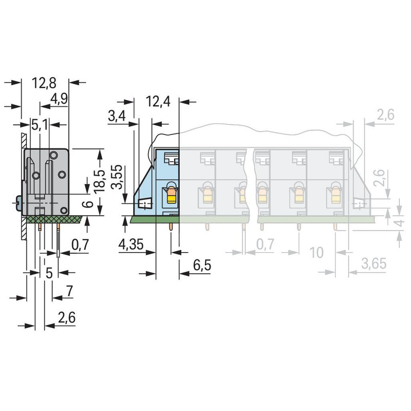 WAGO - Leiterplattenklemme Anreihbare Leiterplattenk. 741-905 Drücker,2,5mm²,gr − 100 Stück