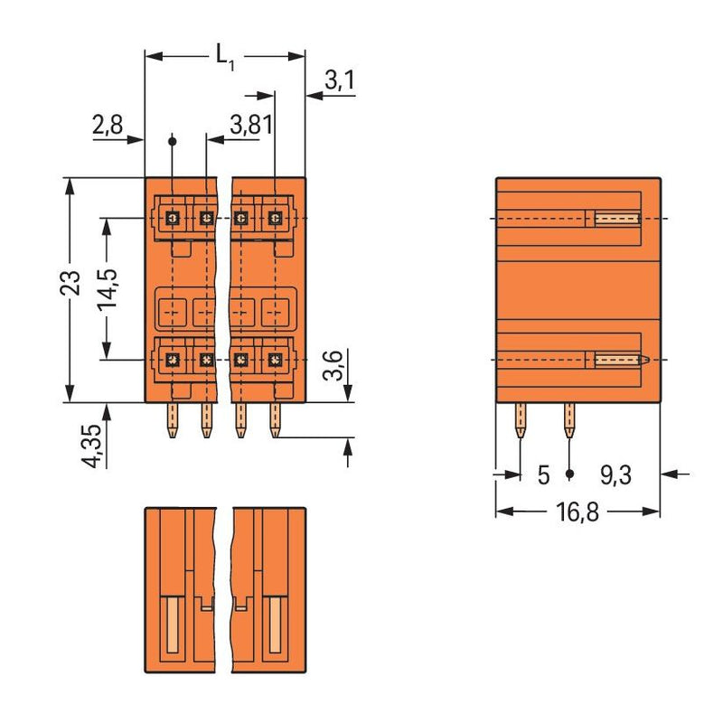 WAGO - Leiterplattensteckverbinder THT-DoppelstockStiftleiste 734-432 1,0x1,0,abgew.,or − 100 Stück