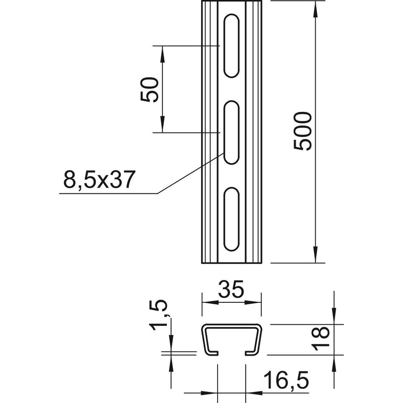 OBO Bettermann - Stiel/Profilschiene Profilschiene gelocht AML3518P0500FT SW 16,5mm 500x35x18 − 10 Stück