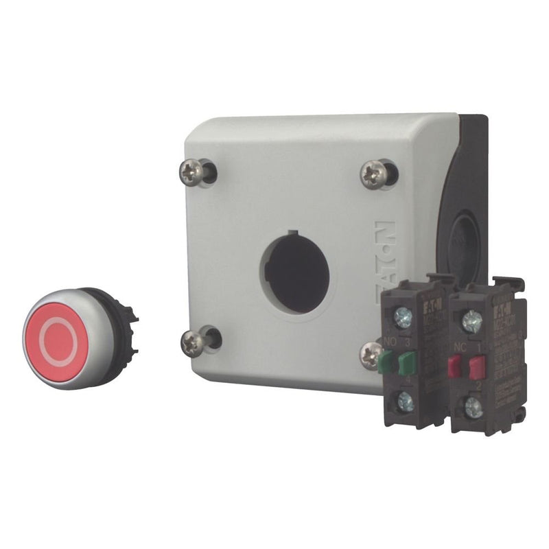 Eaton - Befehls- und Meldegeräte-Kombination im Gehäuse Drucktaster M22-D-R-X0/KC11/I 1S1Ö,flach,rot,Aufb