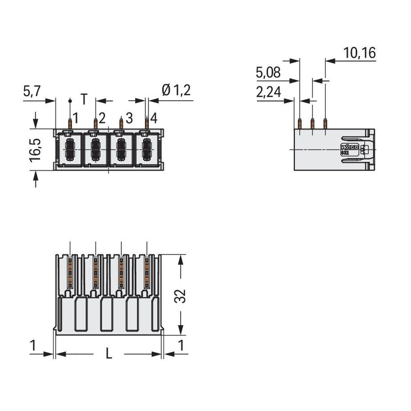WAGO - Leiterplattensteckverbinder THT-Stiftleiste Lötstift 832-3646 1,2x1,2,abgew.,lgr − 10 Stück