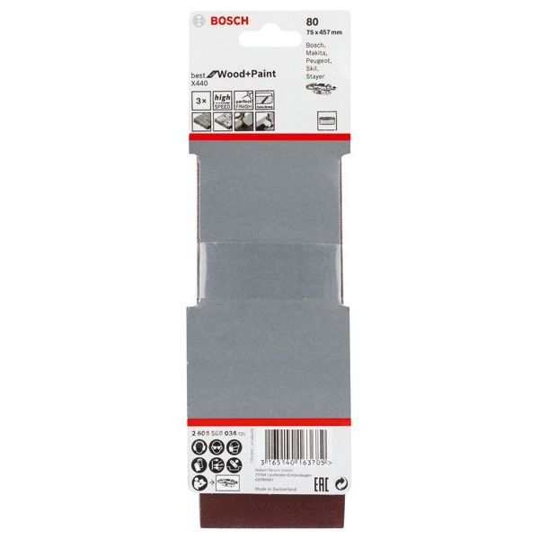 Bosch - Schleifpapier/Schleifvlies PRO X440 Schleifband, 75 x 2608606034 457 mm, G80, 3-tlg