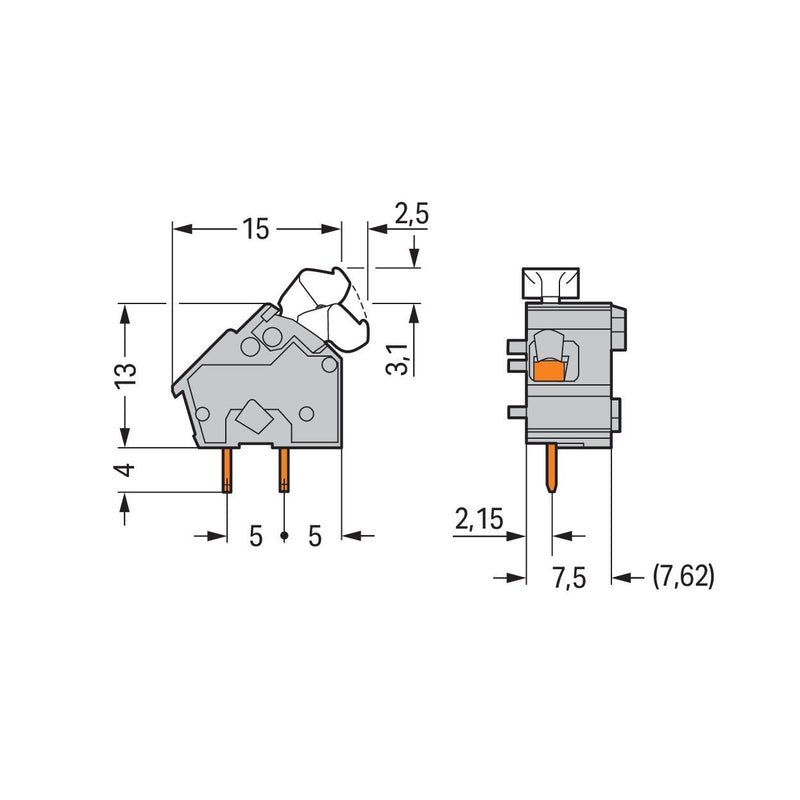 WAGO - Leiterplattenklemme Anreihbare Leiterplattenk. 256-857 Drücker,2,5mm²,hgn − 100 Stück