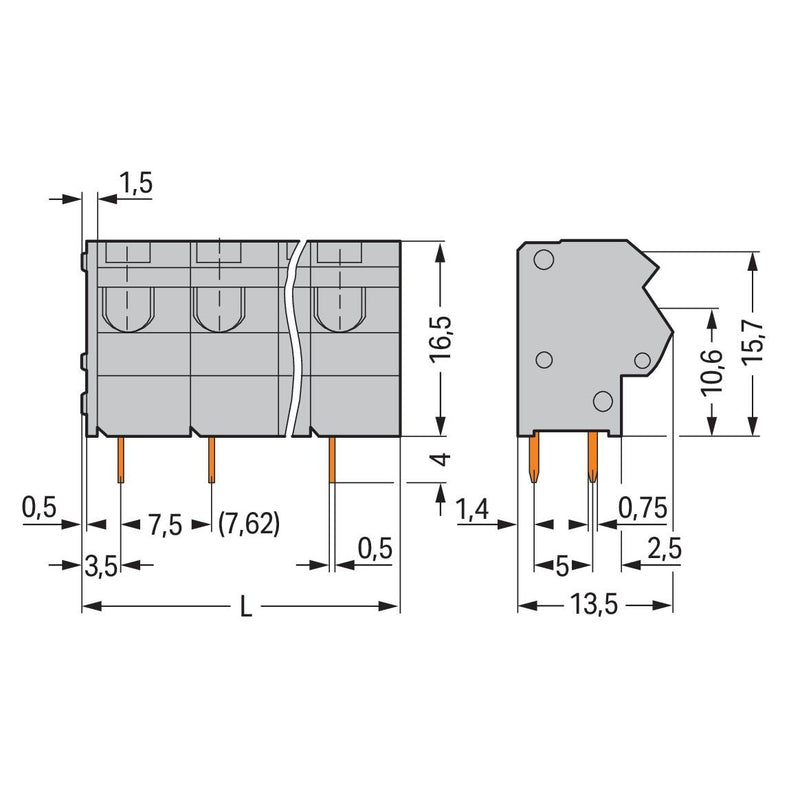 WAGO - Leiterplattenklemme 2-Leiter-Leiterplattenkle. 254-274 0,75mm² − 5 Stück