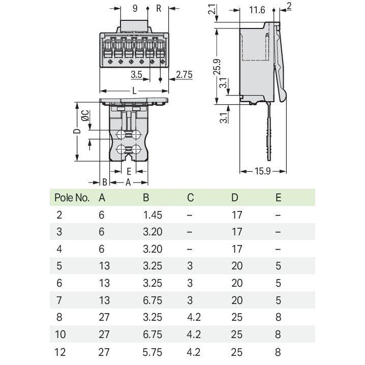 WAGO - Ein- und mehrpolige Klemmenleiste 1-Leiter-Stiftleiste 2091-1510/002-000 CAGECLAMP,1,5mm²,lgr − 50 Stück